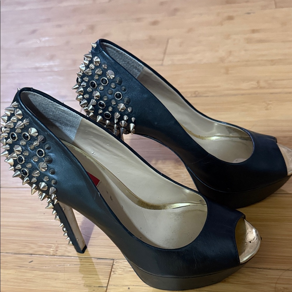 Elegant Black Studded Peep-Toe Heels